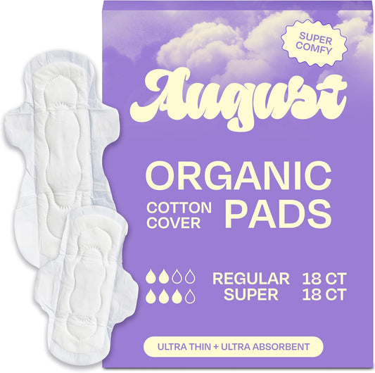 August Regular and Super Organic Cotton Pads 36 count front packaging view