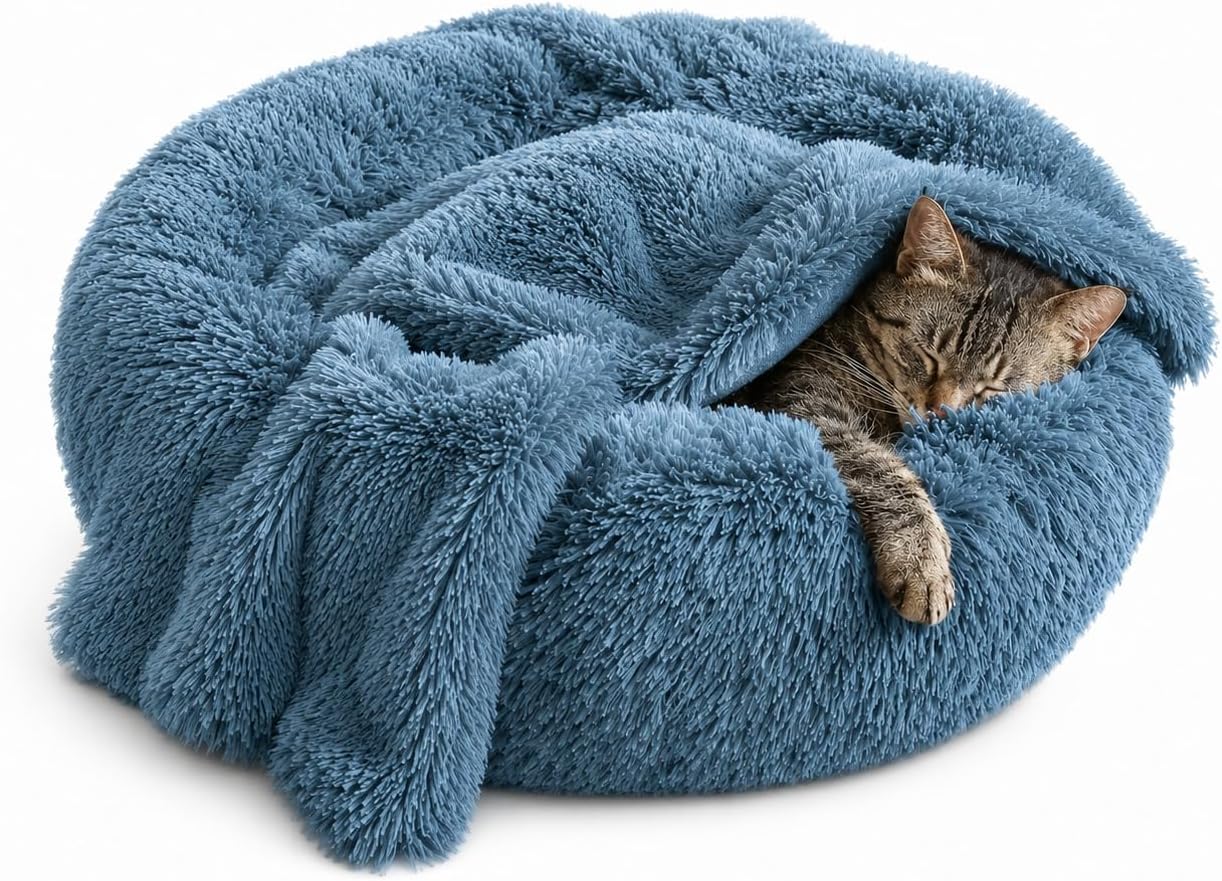 Whiskers & Friends Cat Beds for Indoor Cats, Fluffy Calming Donut Cat Bed, Small Dog Bed Washable - Orthopedic Soft Plush Pet Beds Sized for Kitten to Large Cats & Puppy to Small Dogs - Navy Grey 20'' - Image 10