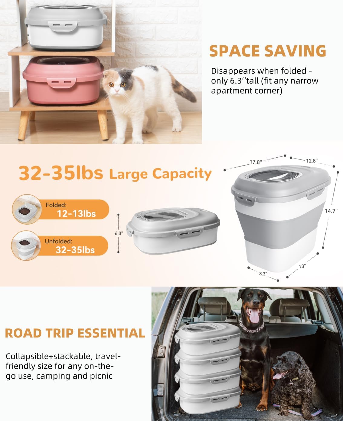 30-35 Lbs Dog Food Storage Container Collapsible Dog Food Container with Airtight Lids, Wheels, Scoop and 2pcs Food Storage Containers, Large Pet food storage for Dog, Cat - Image 9