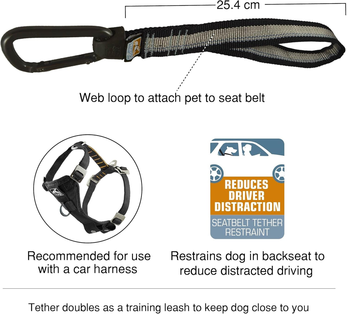 Kurgo dog seatbelt tether showing nylon webbing and swivel mechanism