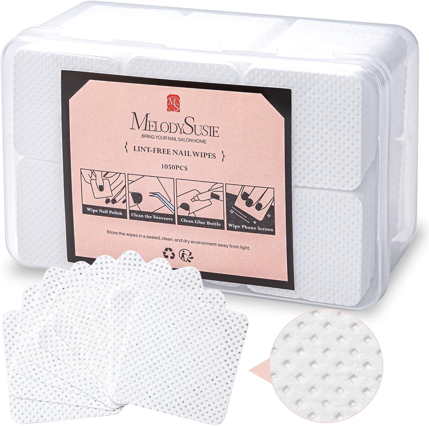 MelodySusie Lint Free Nail Wipes front view of packaging box containing one thousand fifty pieces.