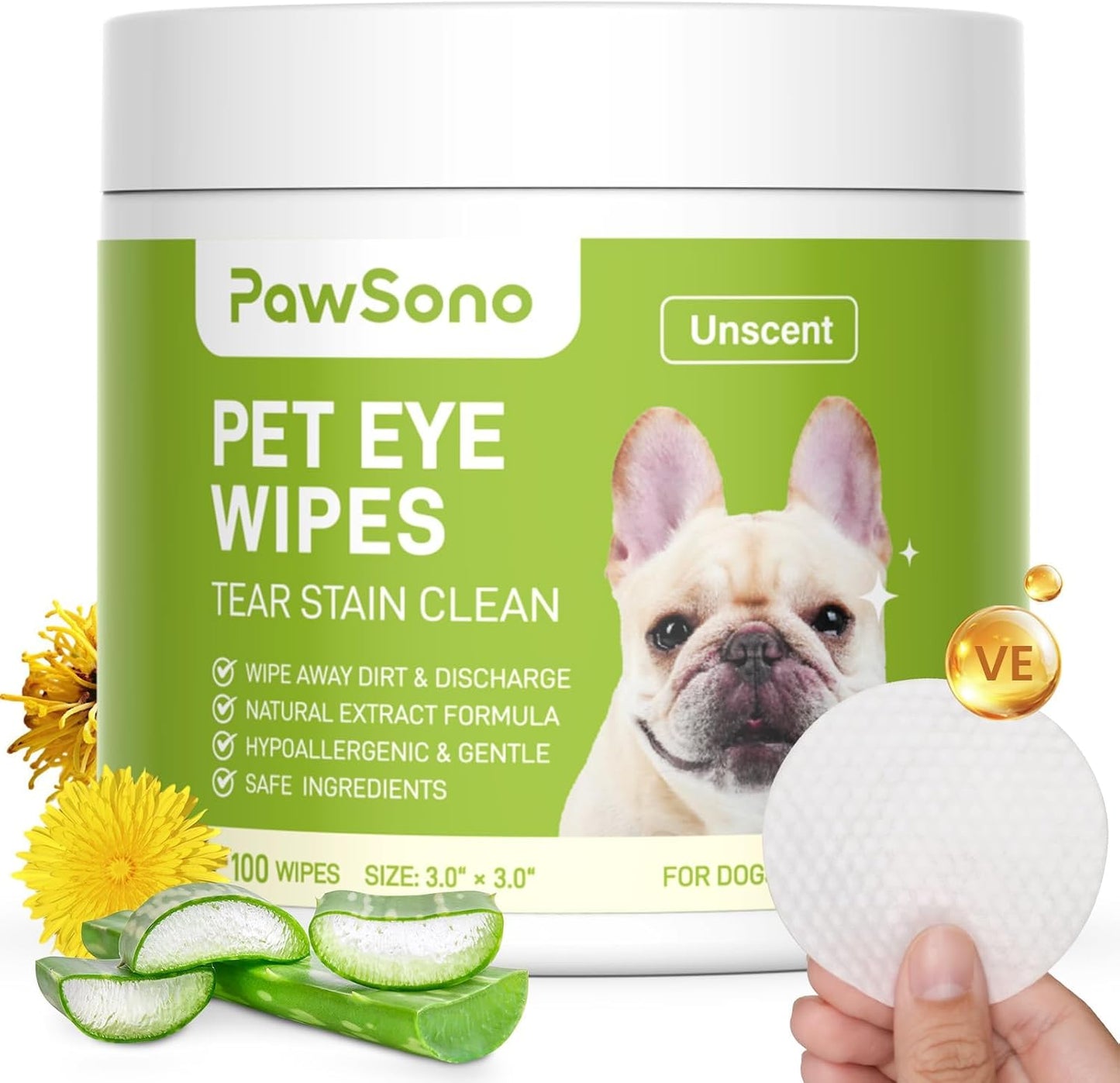 PawSono eye wipes for dogs and cats front view of the 100 pieces packaging