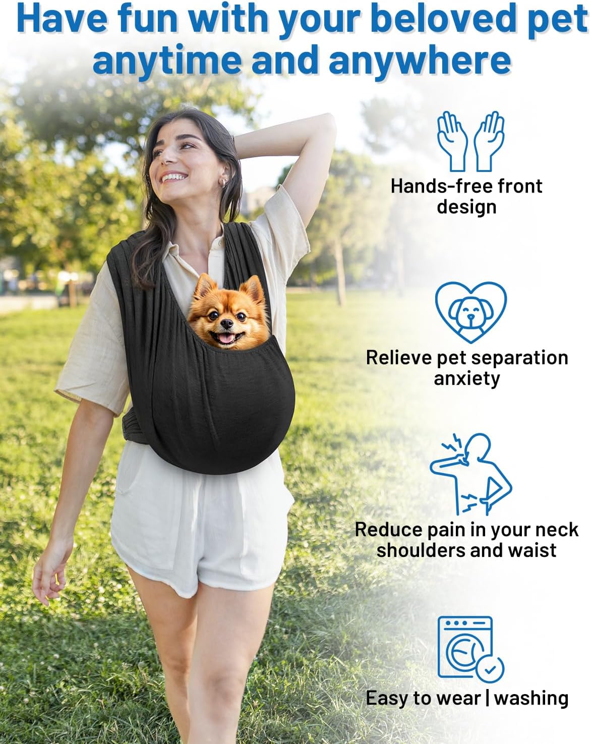 Small dog resting inside front facing pet sling