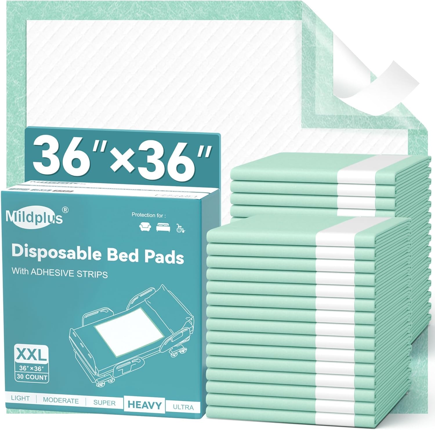 Mildplus disposable bed pads 36x36 inch front packaging view