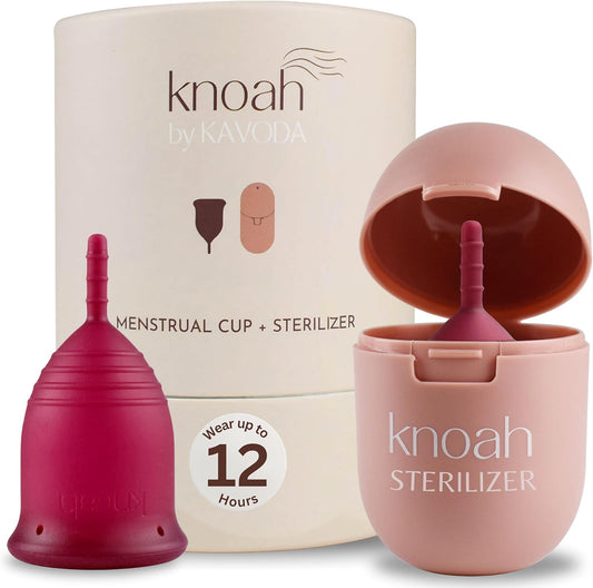 KAVODA Reusable Menstrual Cup front view with pink sterilizing case.