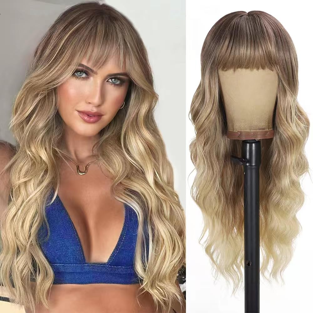 Unnymger blonde wig with bangs front view showing realistic ombre hair style.