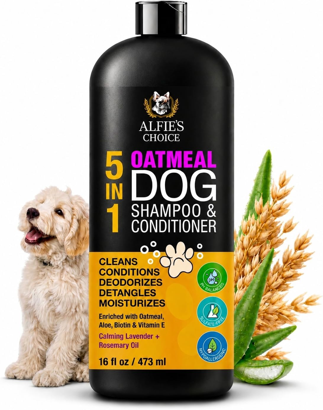 Oatmeal Dog Shampoo and Conditioner 32 fl oz | 5 in 1 Puppy Shampoo for Itchy Sensitive Skin | Dog Wash with Aloe, Biotin & Vitamin E | Cleans, Deodorizes & Moisturizes | All Breeds | ALFIE'S CHOICE - Image 9