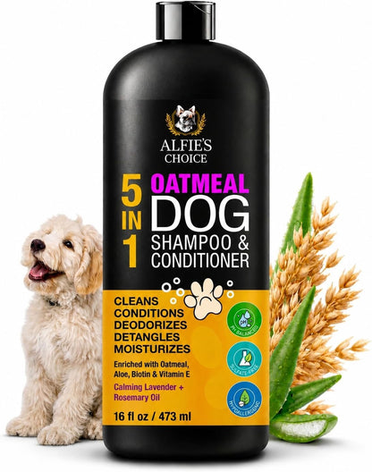 Oatmeal Dog Shampoo and Conditioner 32 fl oz | 5 in 1 Puppy Shampoo for Itchy Sensitive Skin | Dog Wash with Aloe, Biotin & Vitamin E | Cleans, Deodorizes & Moisturizes | All Breeds | ALFIE'S CHOICE - Image 9