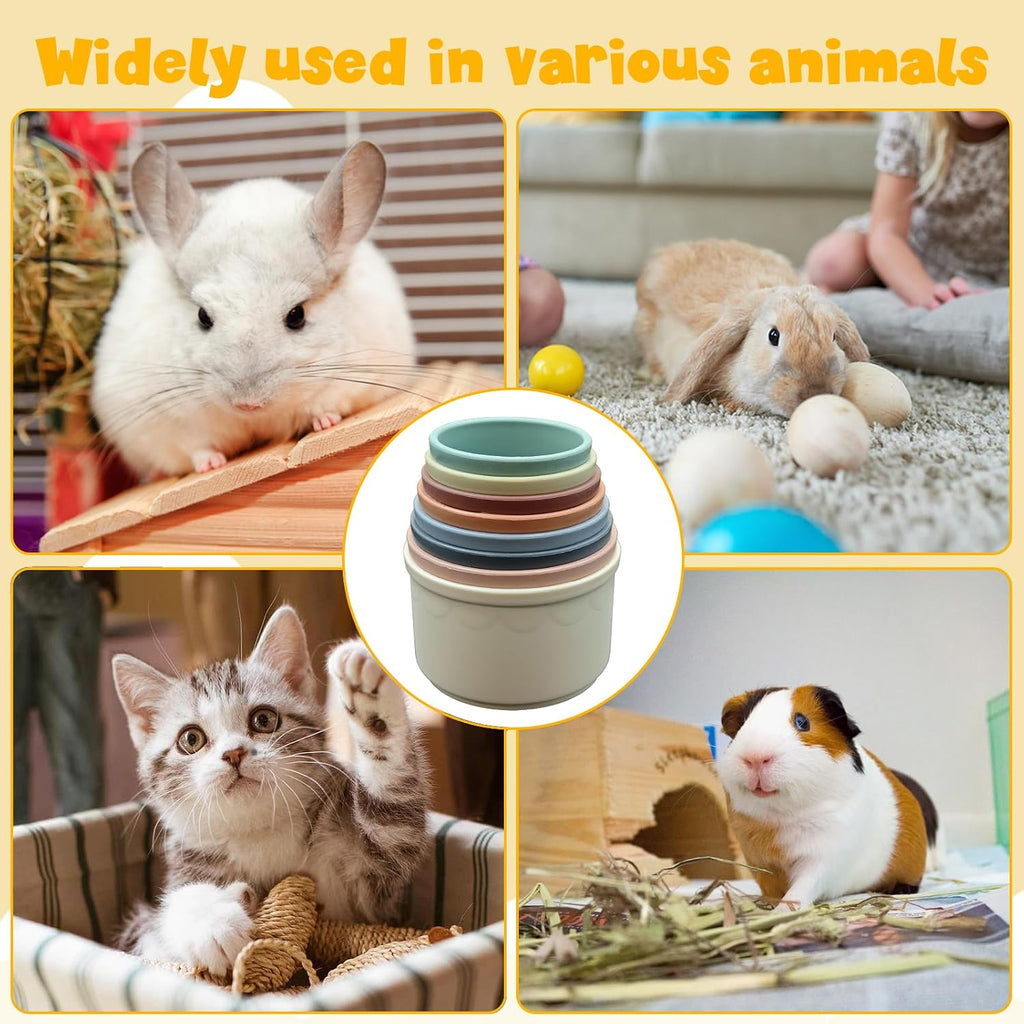 Compact nested view of the eight piece bunny toy set highlighting easy storage.
