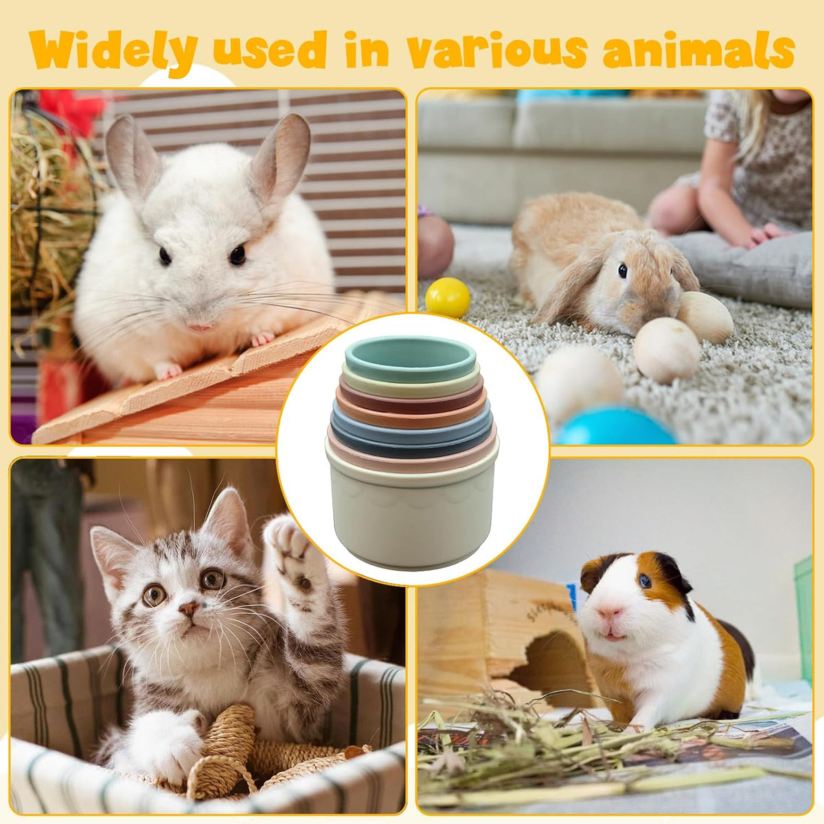 Compact nested view of the eight piece bunny toy set highlighting easy storage.