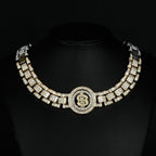 Iced out pet chain collar close up highlighting the shiny AAA plus rhinestones.