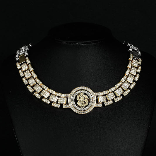 Iced out pet chain collar close up highlighting the shiny AAA plus rhinestones.