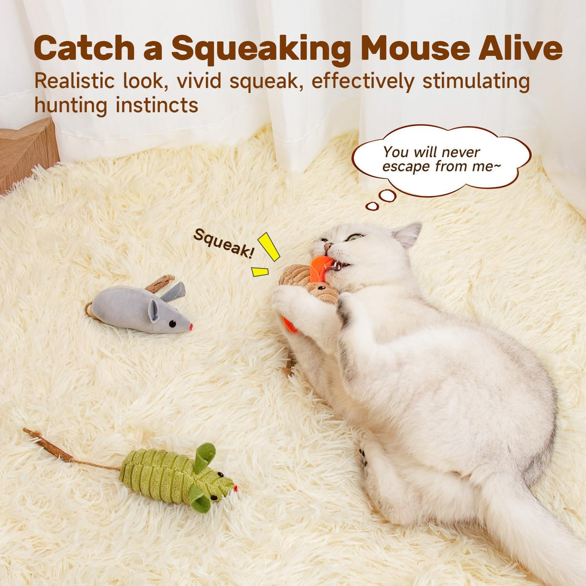 Three piece set of Potaroma organic catnip mice showing the realistic texture and durable fabric design.