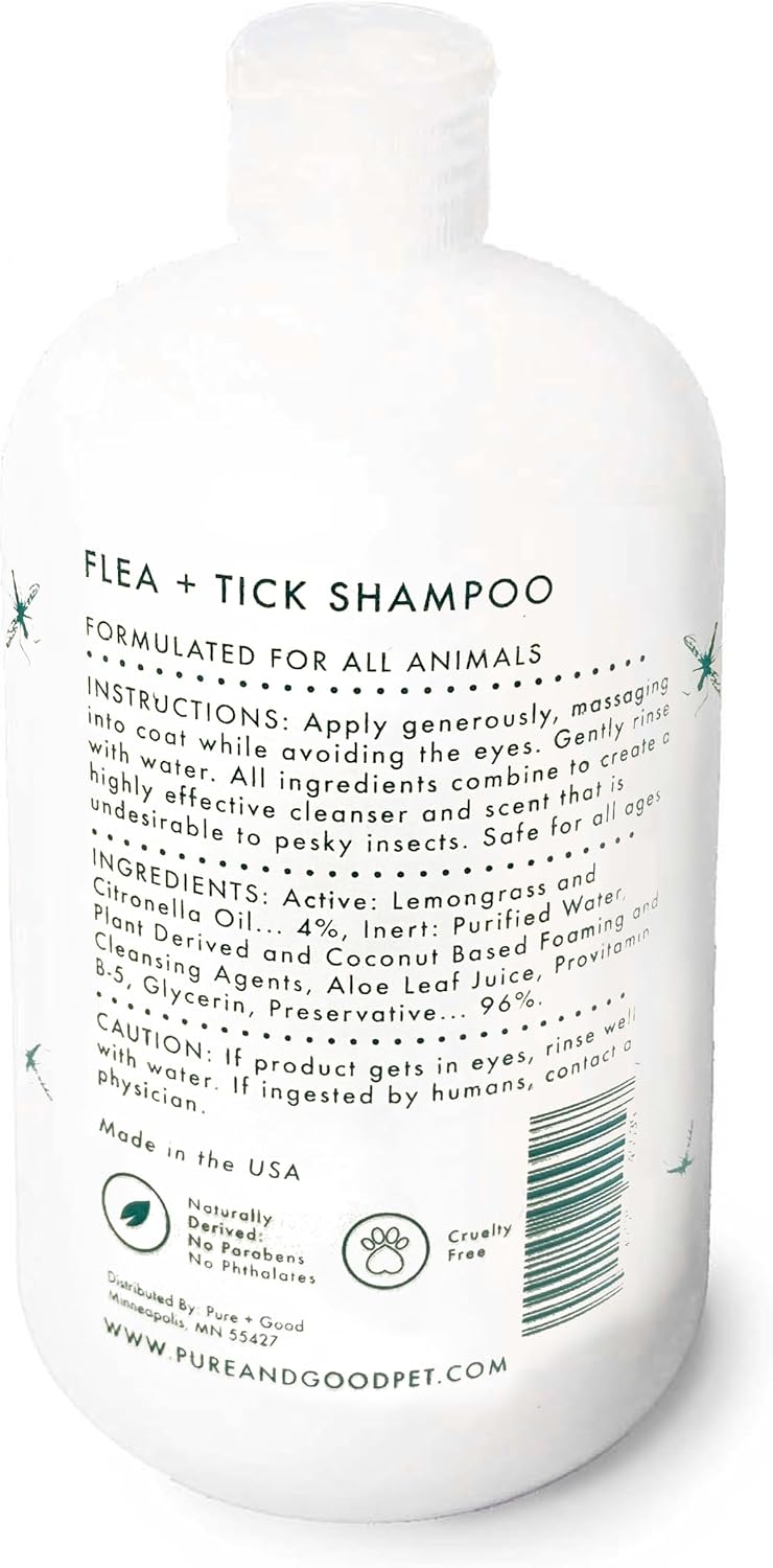 Pure + Good natural pet grooming bottles highlighting citronella and lemongrass bug repellent ingredients.