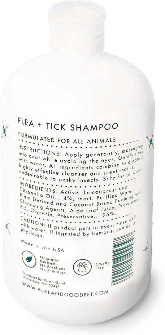 Pure + Good natural pet grooming bottles highlighting citronella and lemongrass bug repellent ingredients.