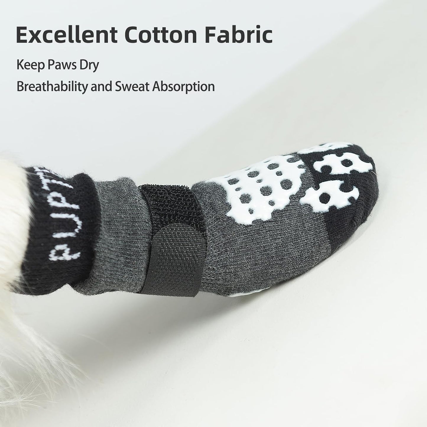 Adjustable hook and loop strap detail on grey dog socks