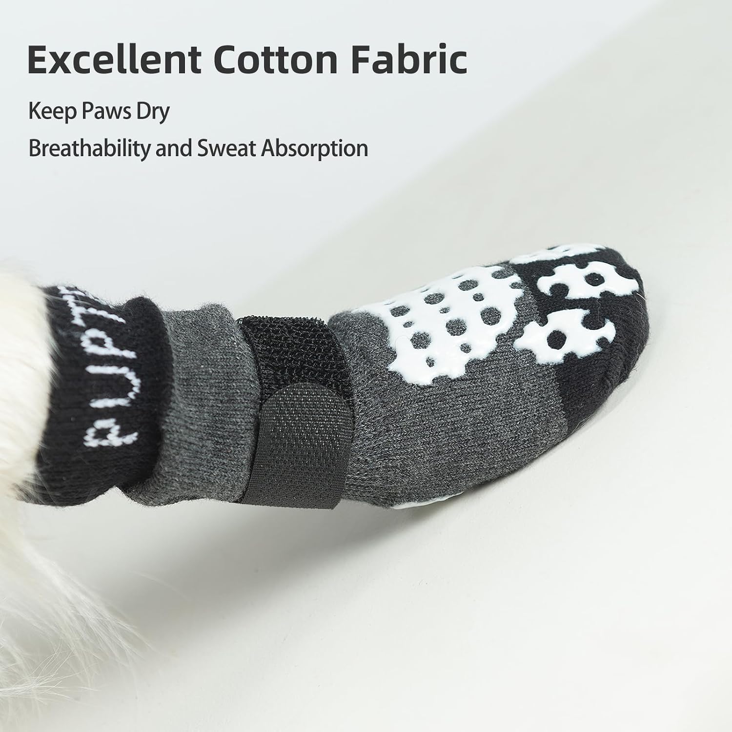 Adjustable hook and loop strap detail on grey dog socks