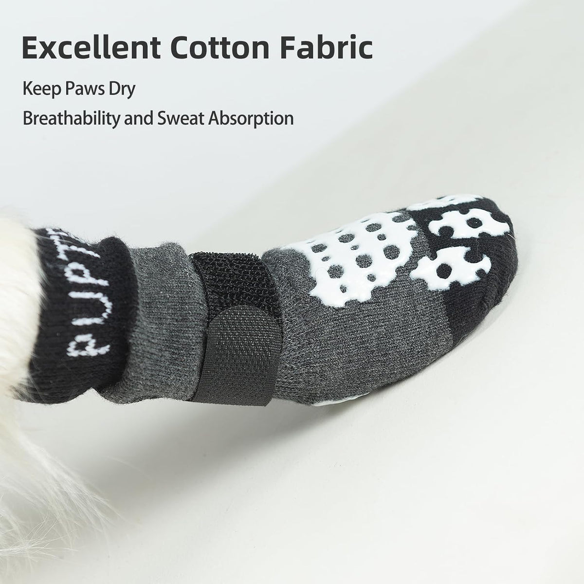 Adjustable hook and loop strap detail on grey dog socks