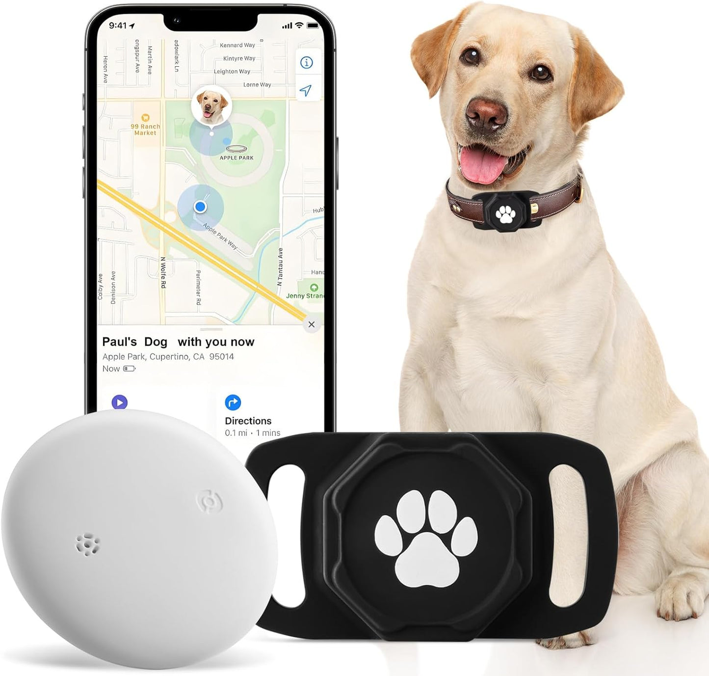 Ztobny Smart Pet Tracker front view showing the compact circular device inside a black silicone paw print holder.