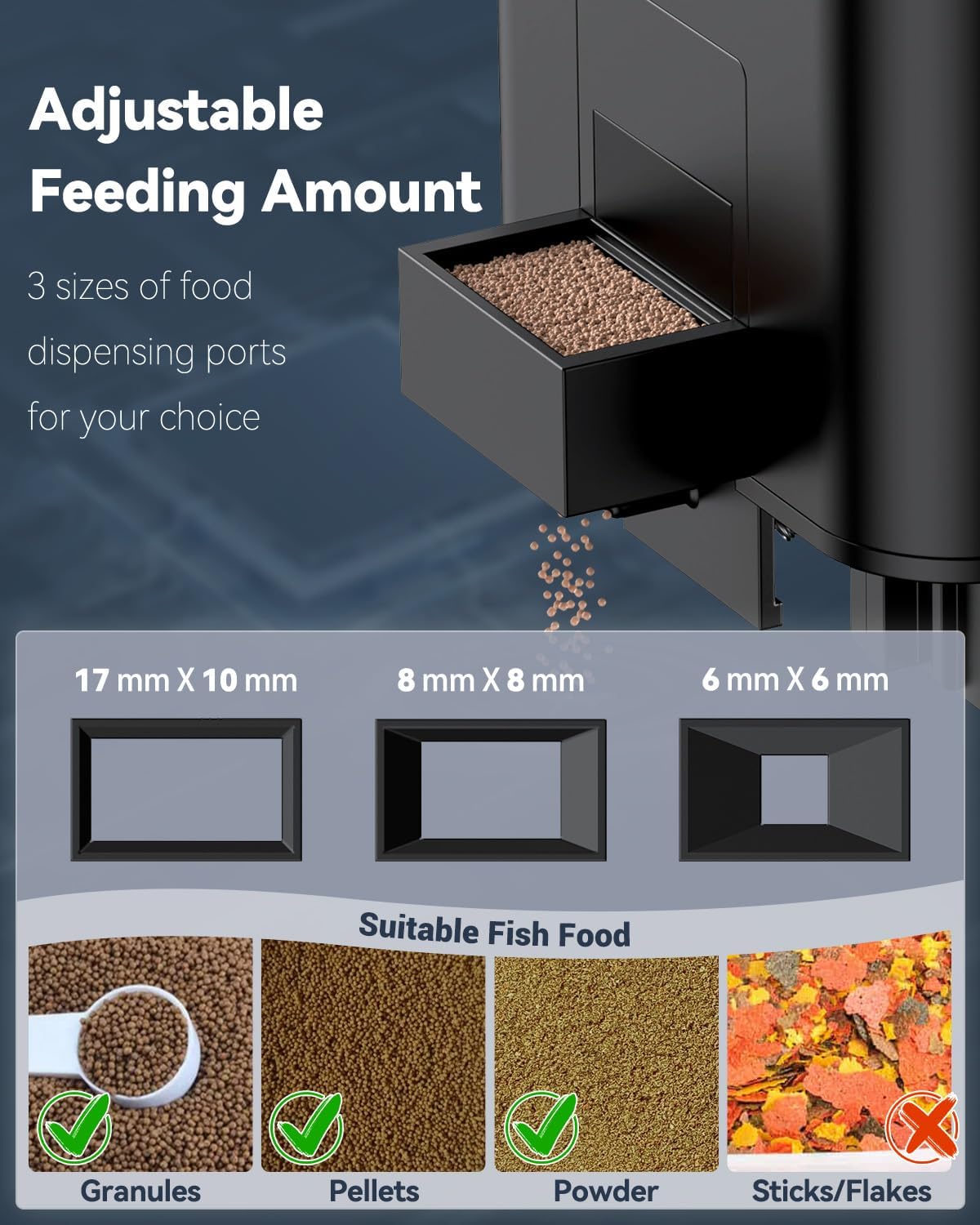 Pawfly fish tank timer feeder showing the three interchangeable moisture-proof dispensing ports