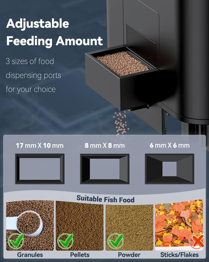 Pawfly fish tank timer feeder showing the three interchangeable moisture-proof dispensing ports
