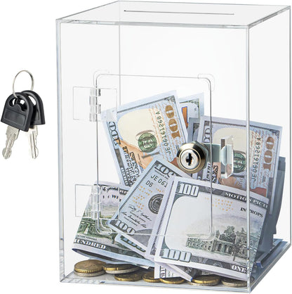 Hicocool clear acrylic piggy bank with lock front view showing coin slot and transparent design for tracking savings.