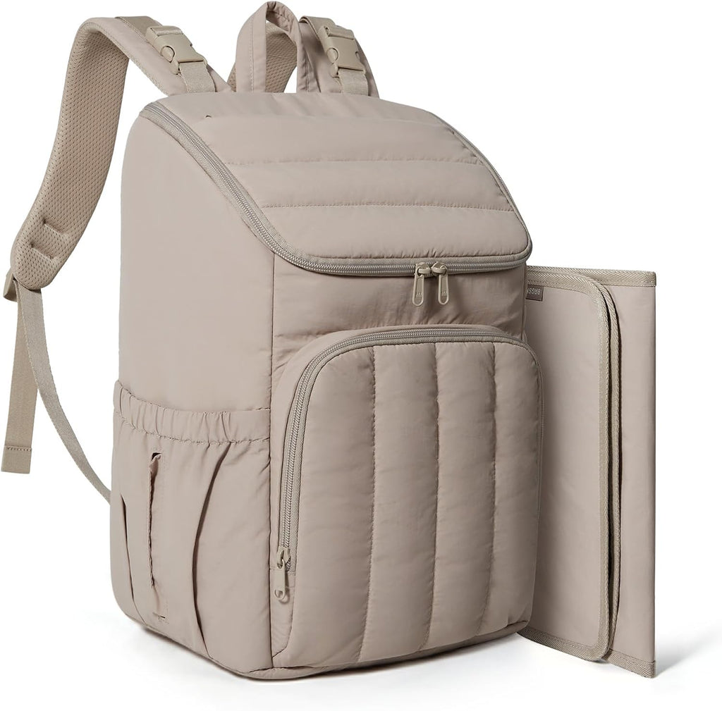 Bagsmart quilted puffy diaper bag backpack front view neutral beige