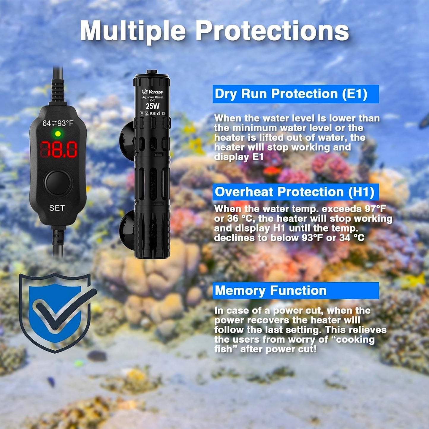 Side profile of Vcraze submersible heater for 3-5 gallon tanks