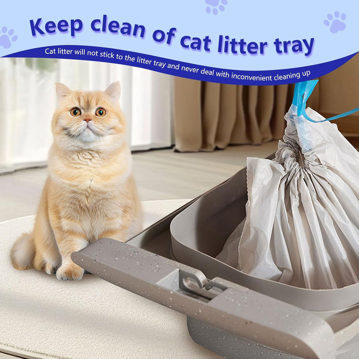 Automatic cat litter box replacement bags being installed into a compatible waste tray.