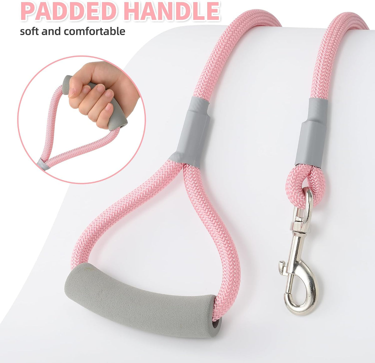 Detailed view of the reinforced steel tips on the pink Mile High Life dog leash.