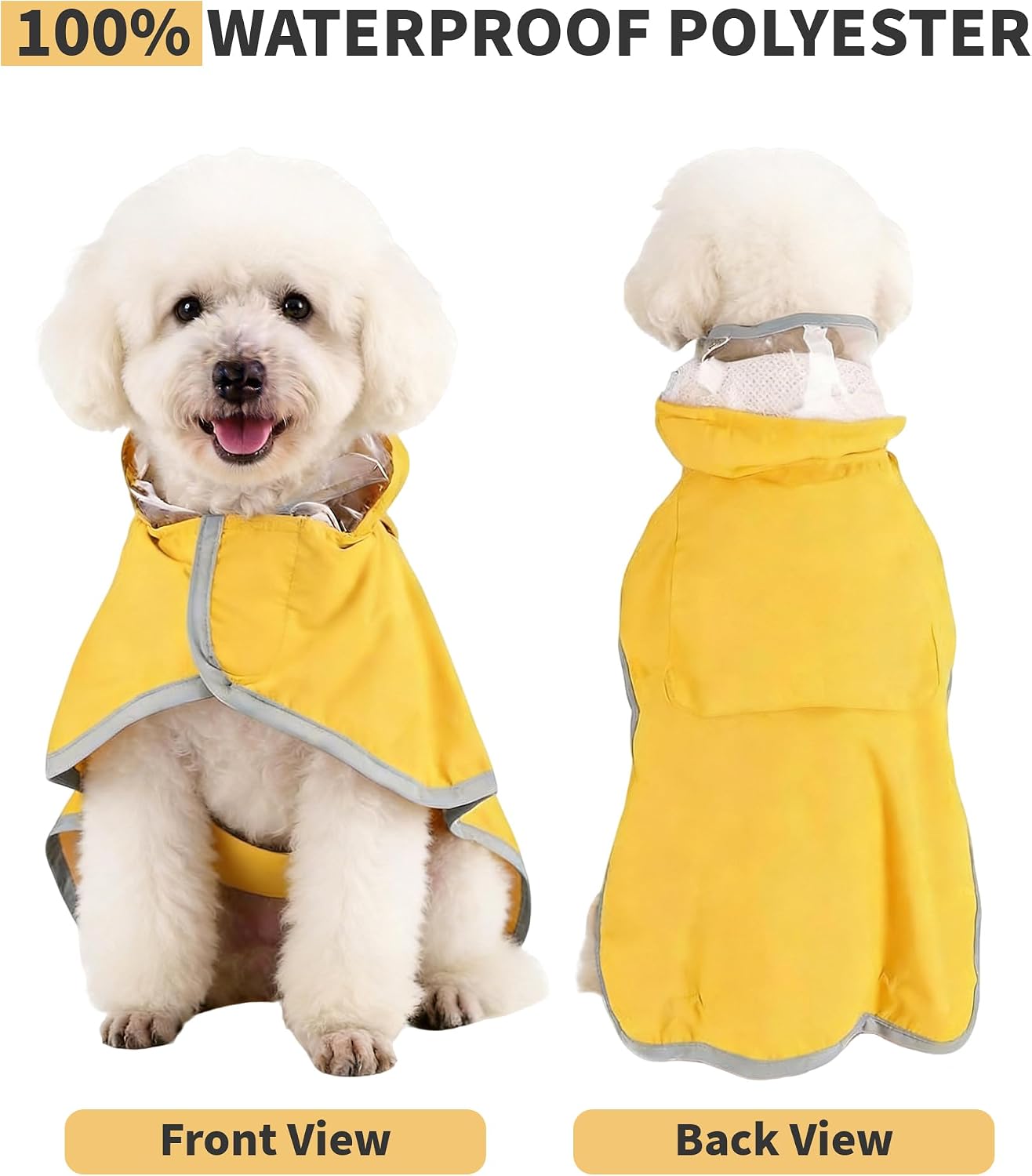 Waterproof dog poncho with clear hooded design for wet weather protection