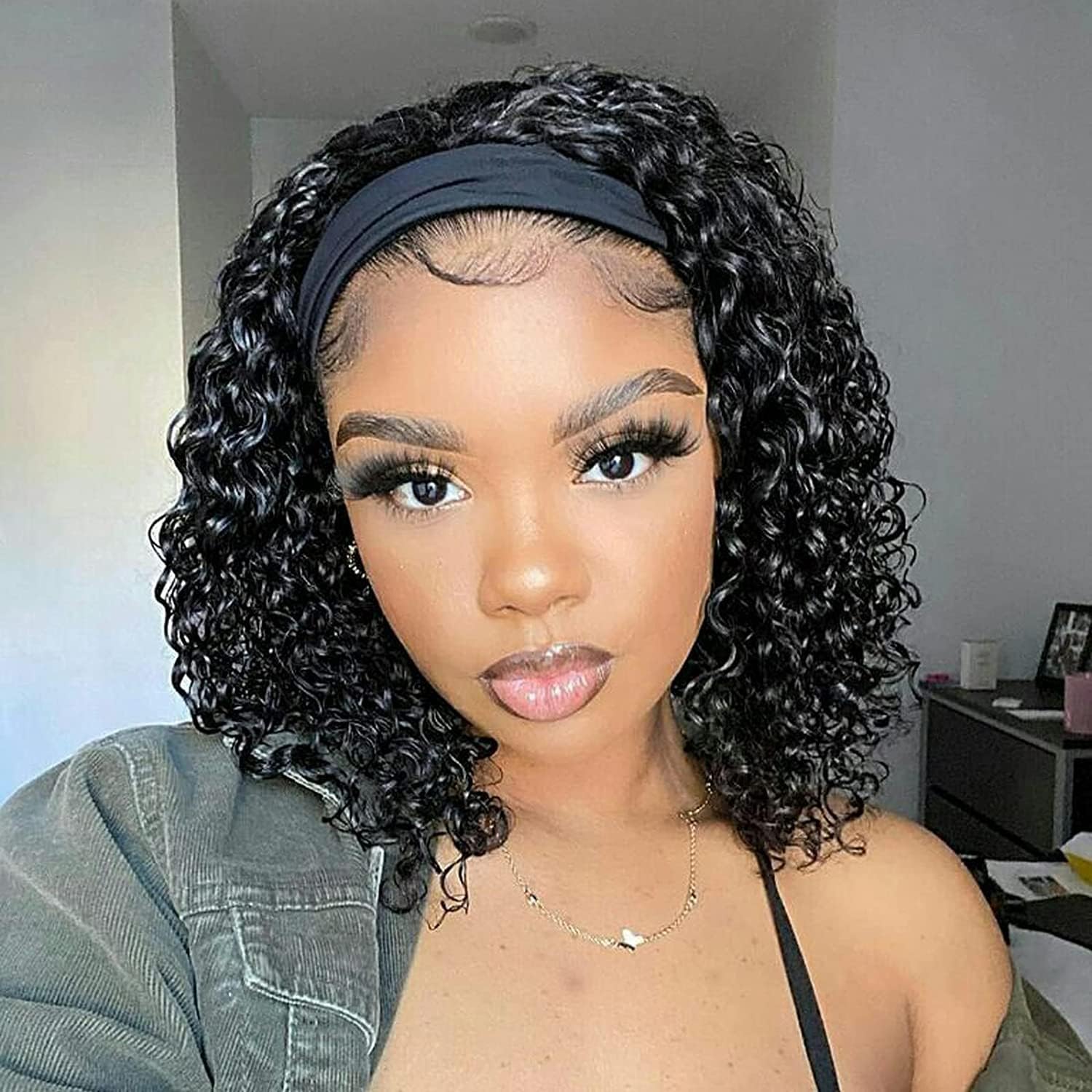 Aiterina deep wave human hair headband wig front view showing short bouncy black curls