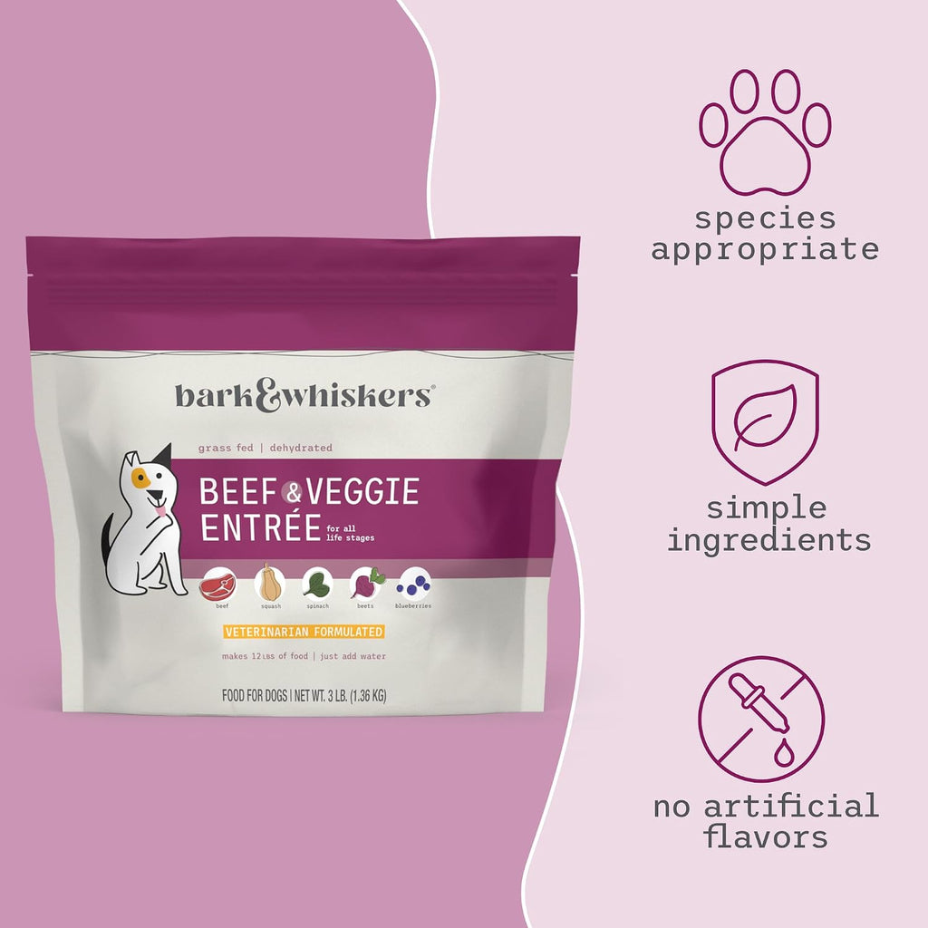 Rehydrated Bark and Whiskers beef and veggie dog food in a bowl