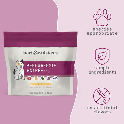 Rehydrated Bark and Whiskers beef and veggie dog food in a bowl