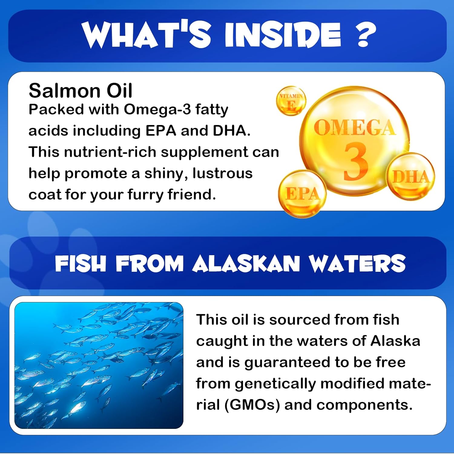 Sustainable human grade wild salmon oil for pet skin and coat health.