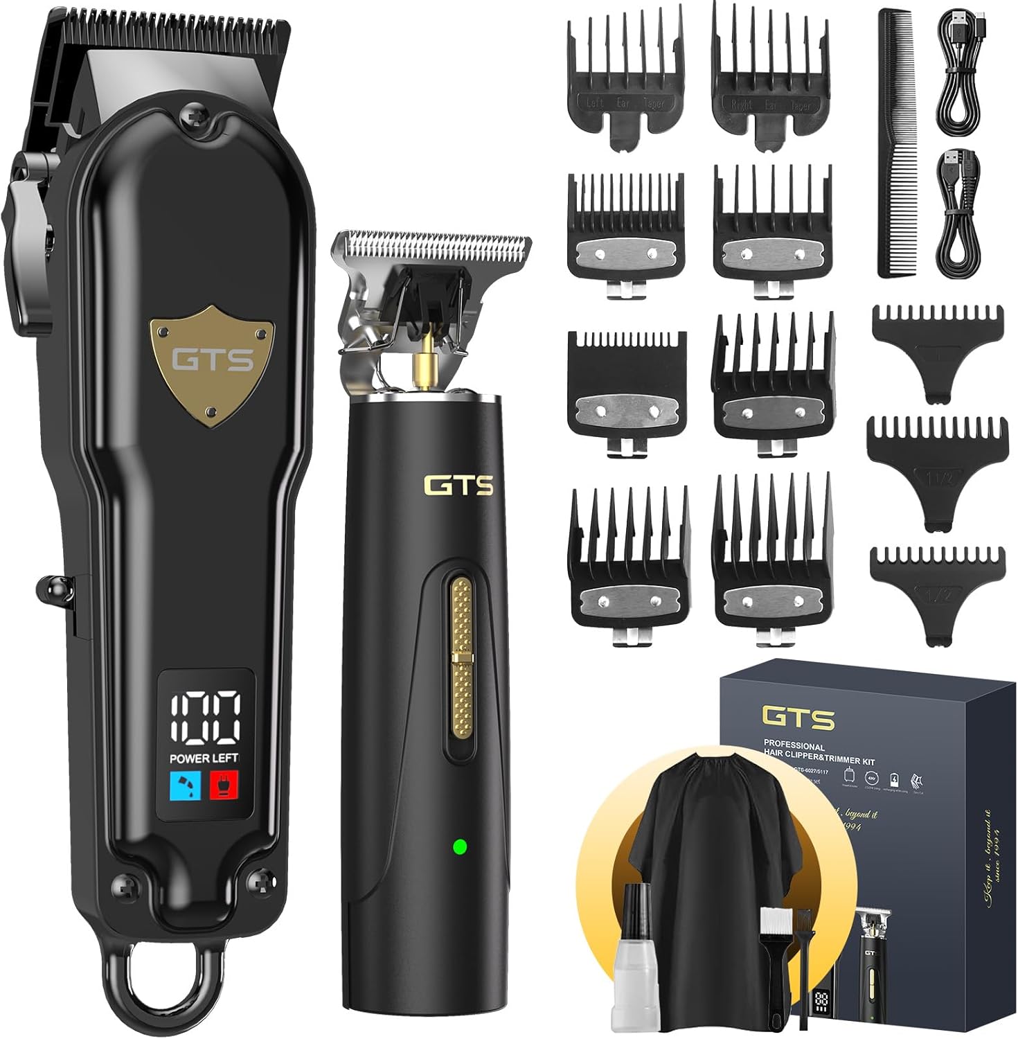 GTS PRO professional hair clippers and trimmers set front view in matte black finish showing digital LED display screen
