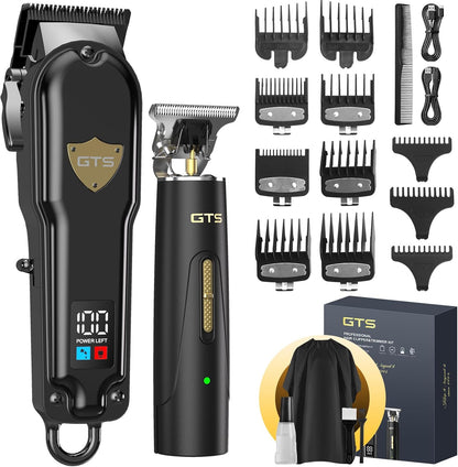 GTS PRO professional hair clippers and trimmers set front view in matte black finish showing digital LED display screen