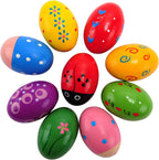 NEWTGAN Easter wooden egg shakers maracas set front view containing nine multi colored pattern pieces