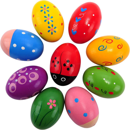 NEWTGAN Easter wooden egg shakers maracas set front view containing nine multi colored pattern pieces
