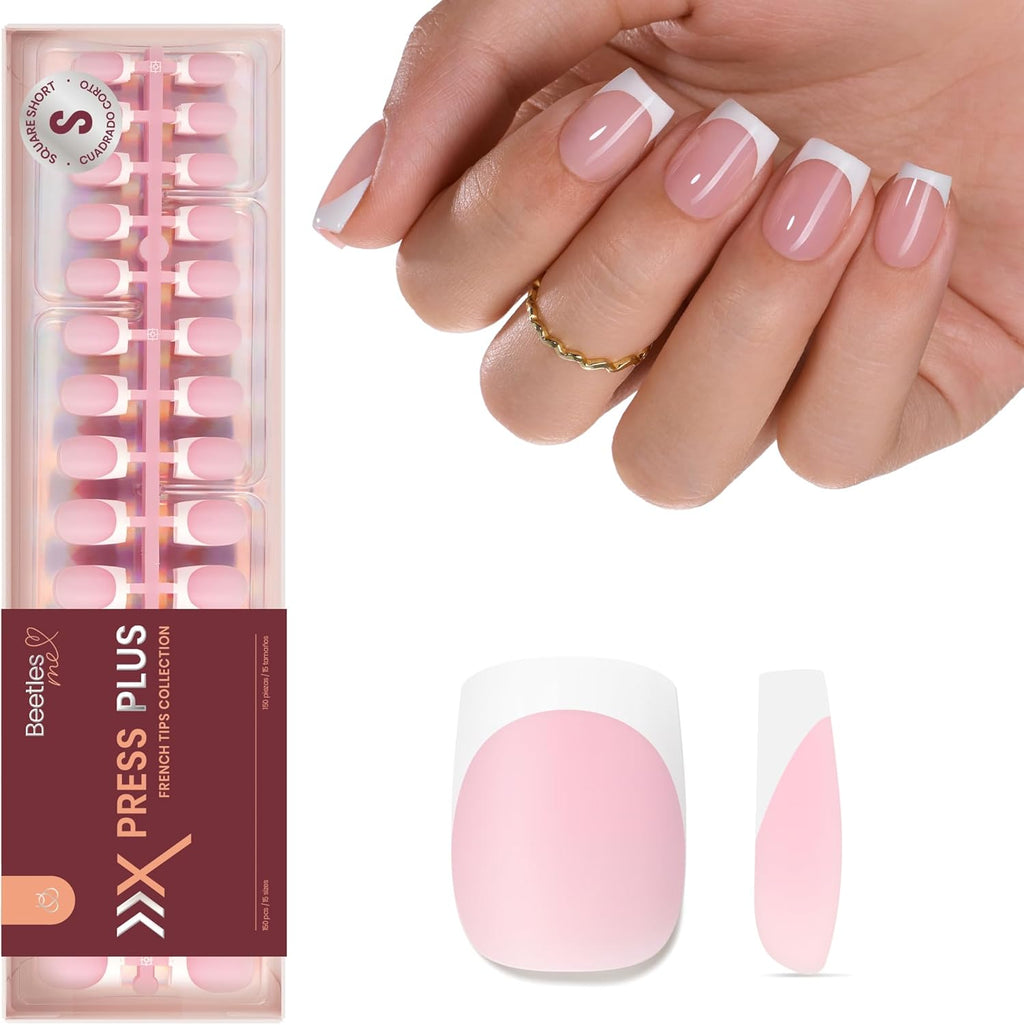 Beetles pink short square press on nails front view