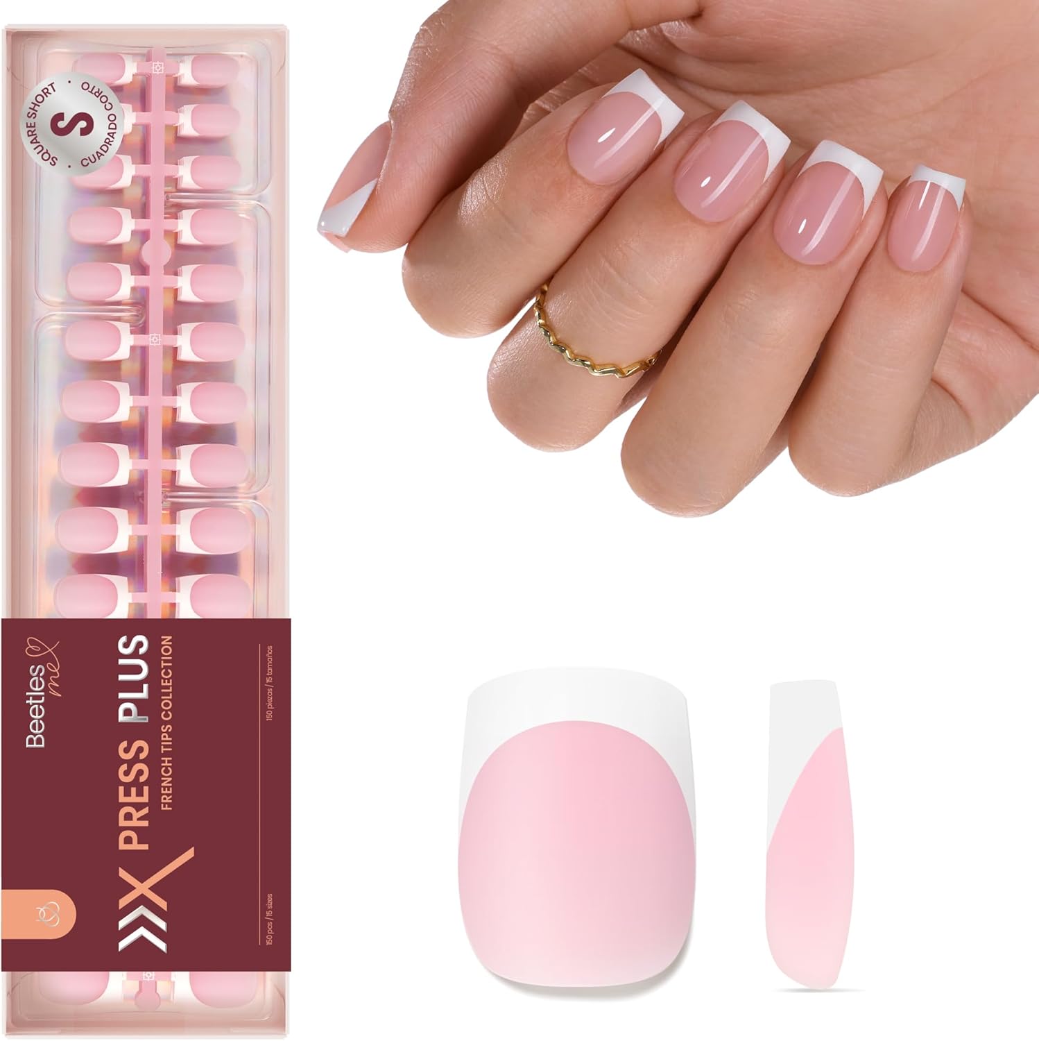 Beetles French tips press on nails 150 pcs set with pink short square fake nail tips french nails