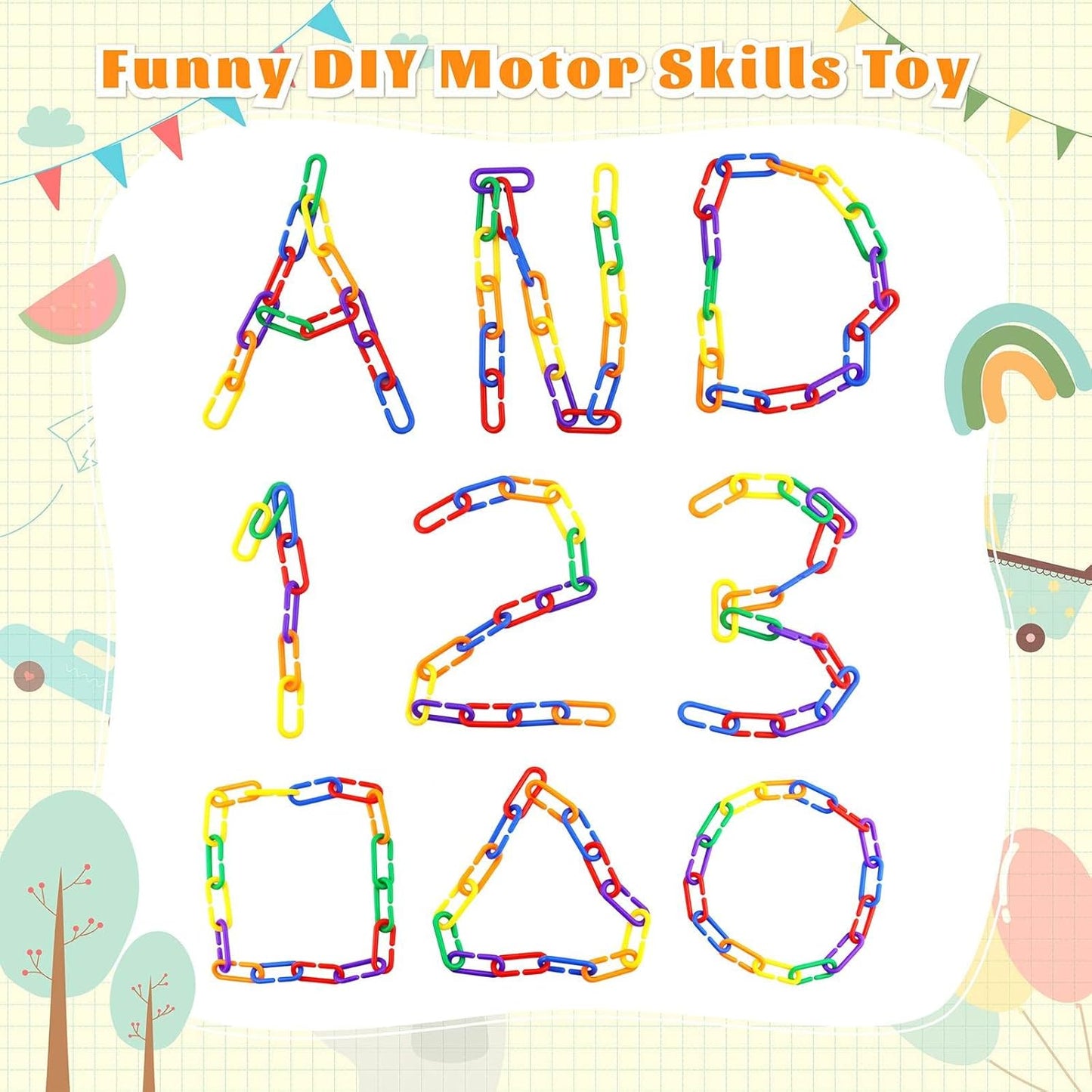 Full set of one hundred pieces rainbow DIY learning chains spread out on a table.