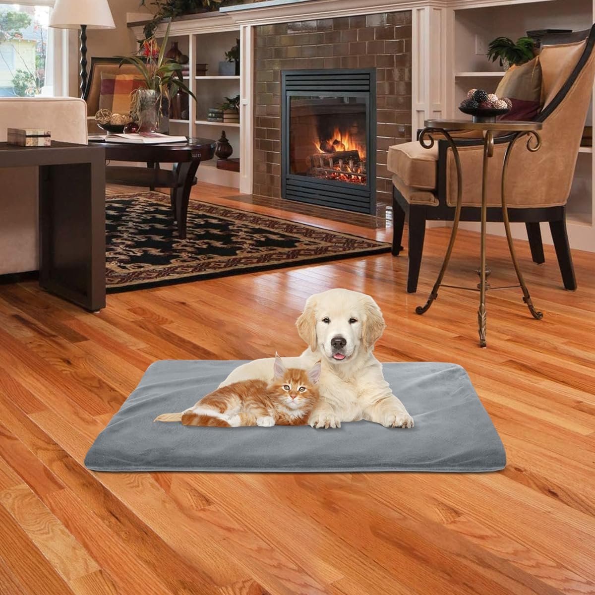 RIOGOO pet heating mat placed inside a small indoor dog crate for localized warmth.