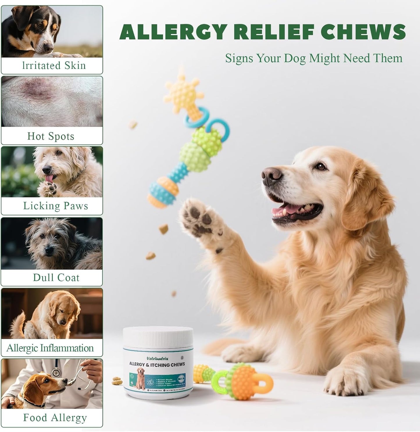 Close up view of the chicken flavored soft chews for dog seasonal allergy and skin relief.