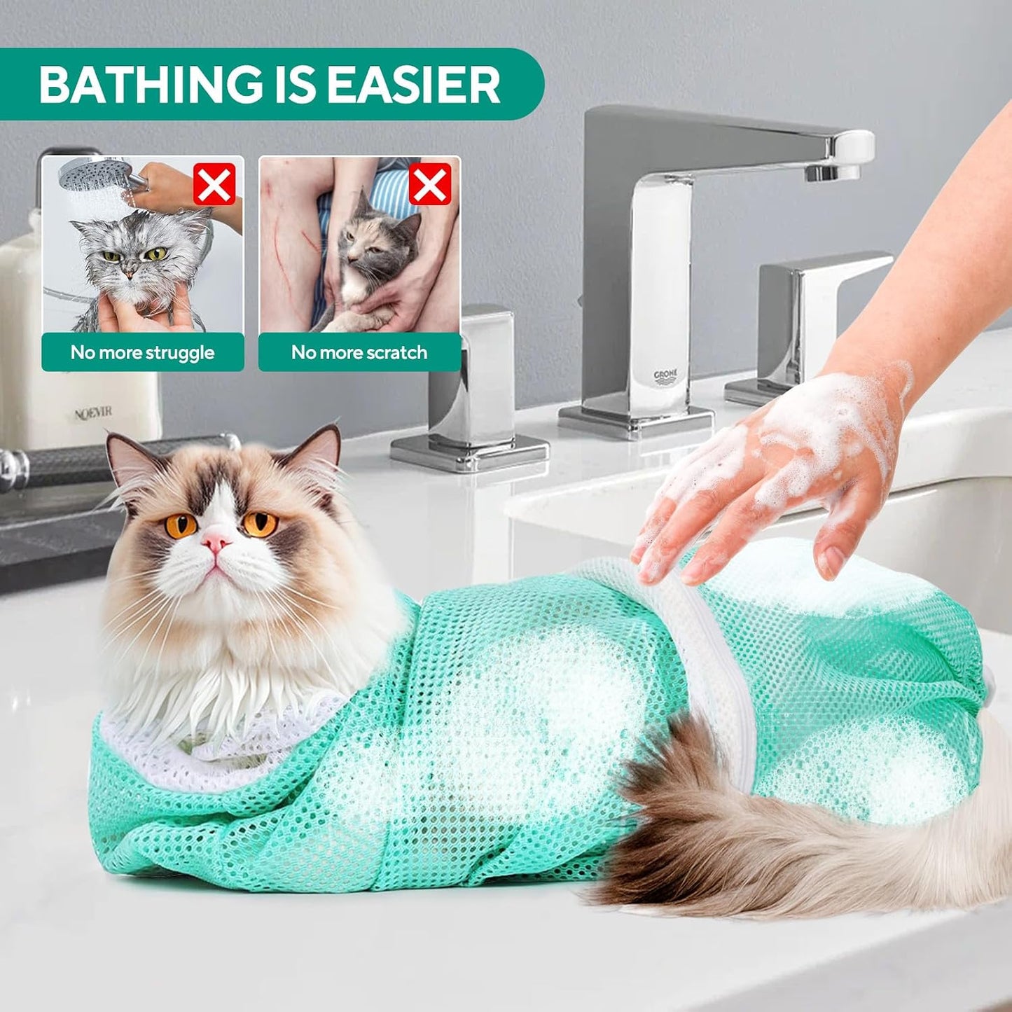 Escape proof pet washing sack close up on adjustable collar button