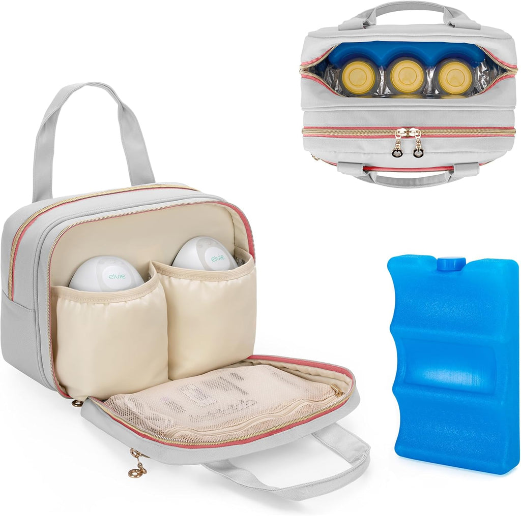 Damero wearable breast pump bag front view in light gray pink color option