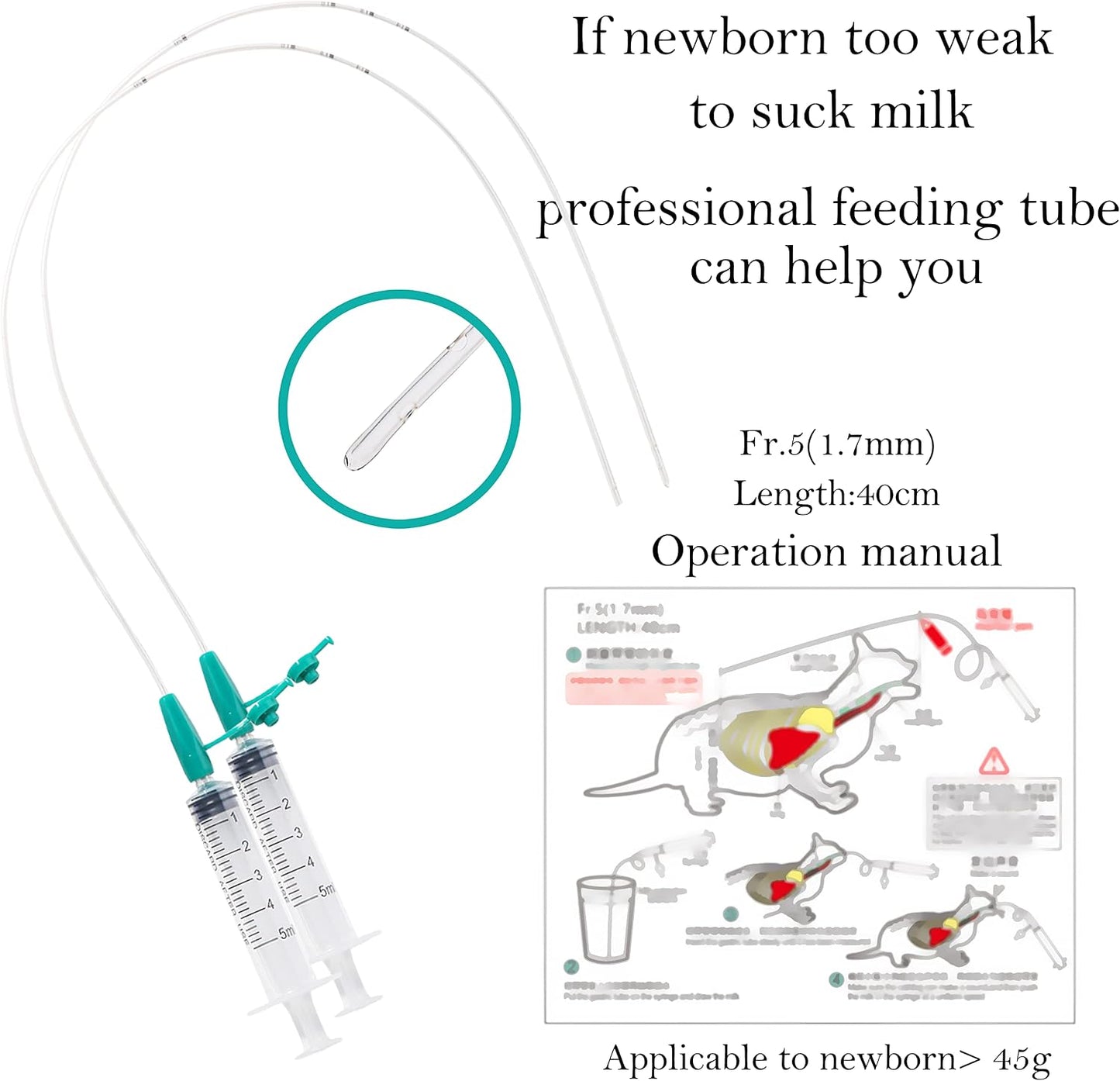 Doggiema pet nursing set showing sterile five French feeding tubes and assorted medical grade syringes.