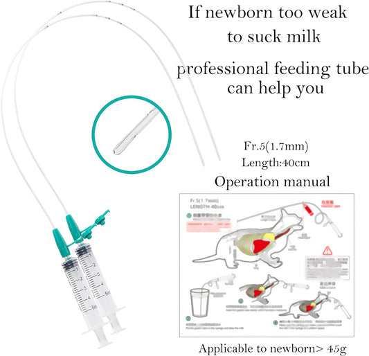 Doggiema pet nursing set showing sterile five French feeding tubes and assorted medical grade syringes.