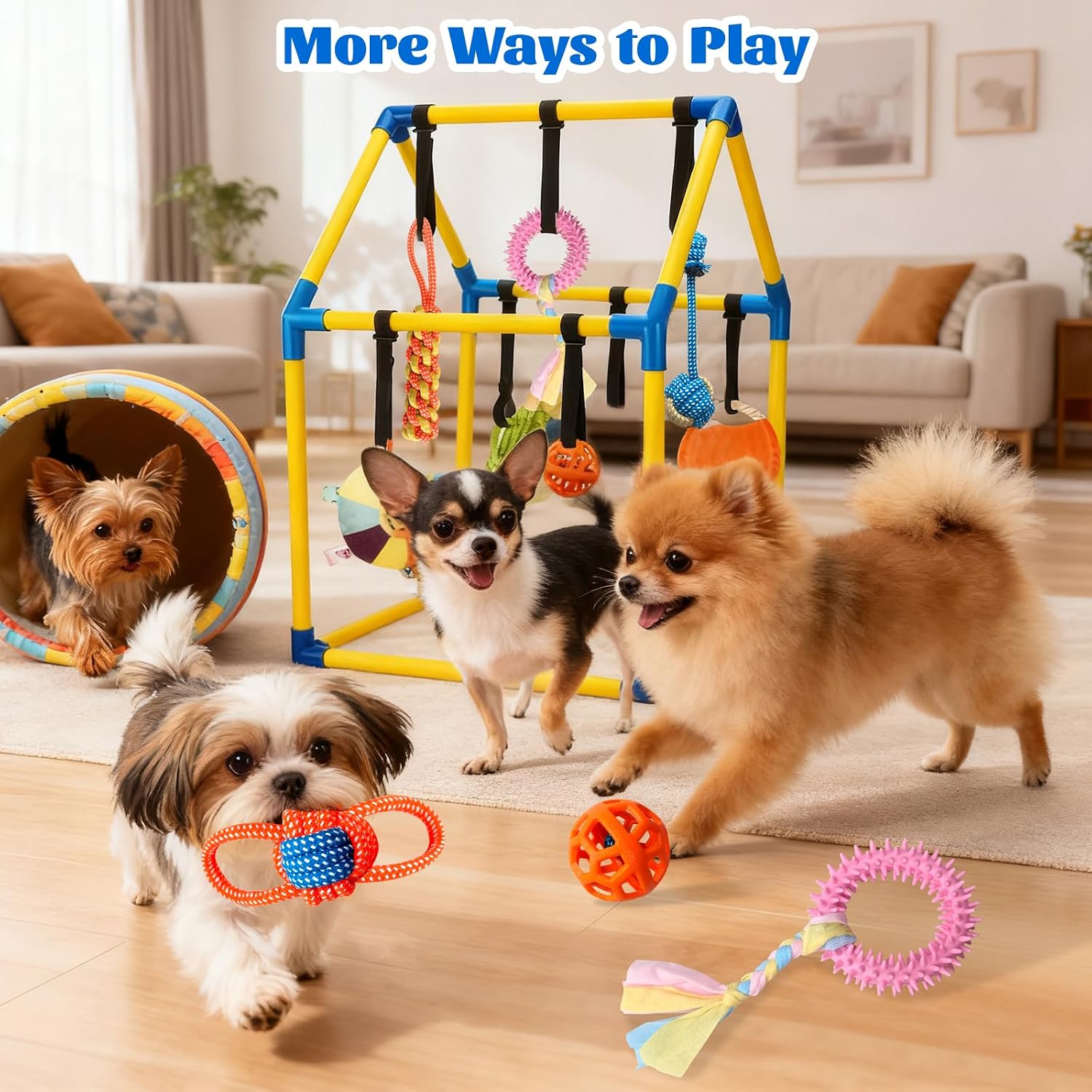 Top angle view of the stable indoor puppy entertainment setup fitting perfectly inside a household play area.