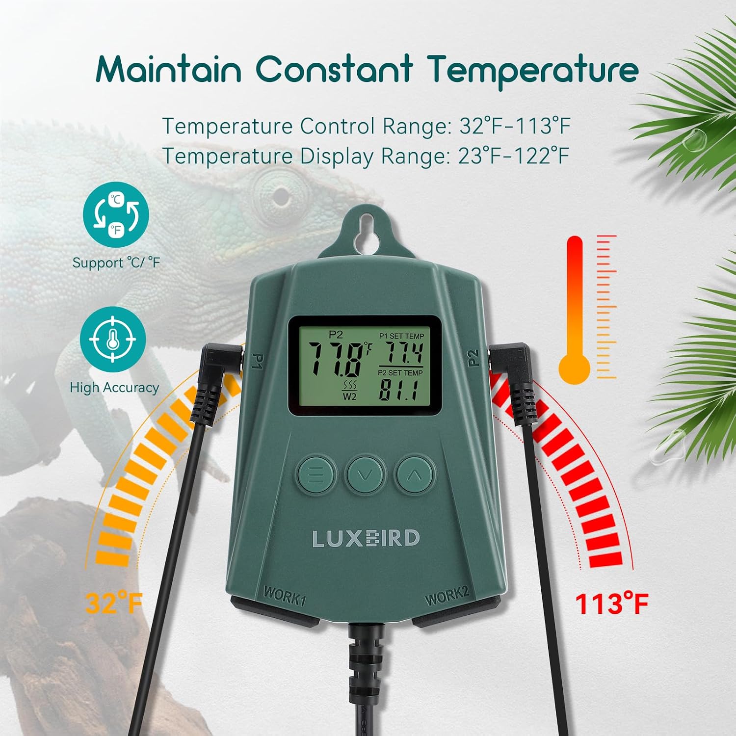 Close up of Luxbird digital thermostat LCD display with two probes
